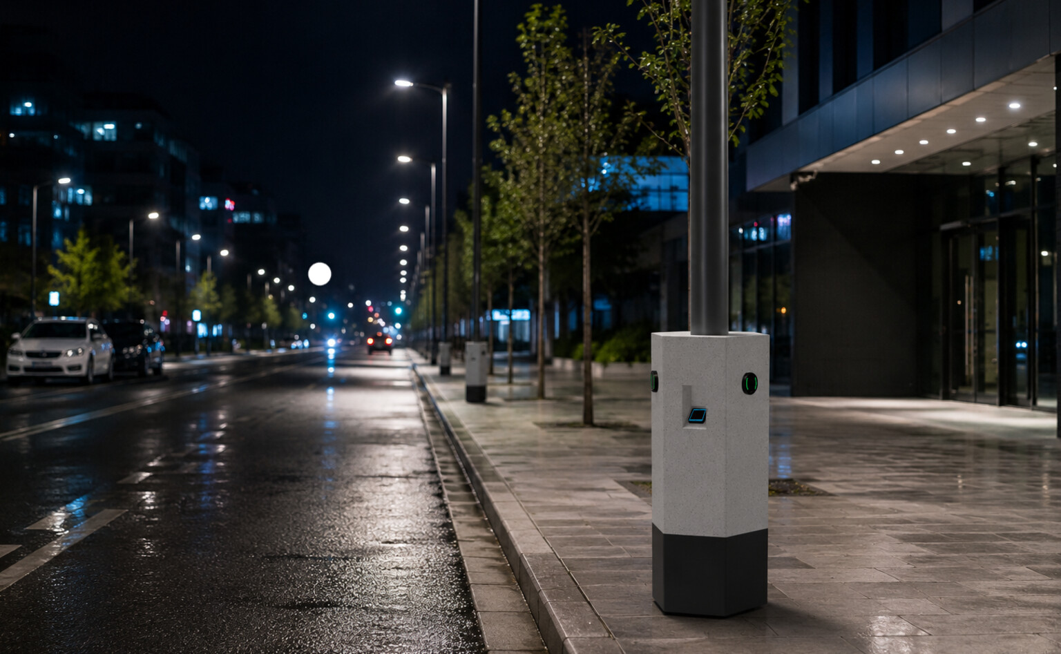 OSHTIA VIAL instalado en una farola, calle urbana de noche